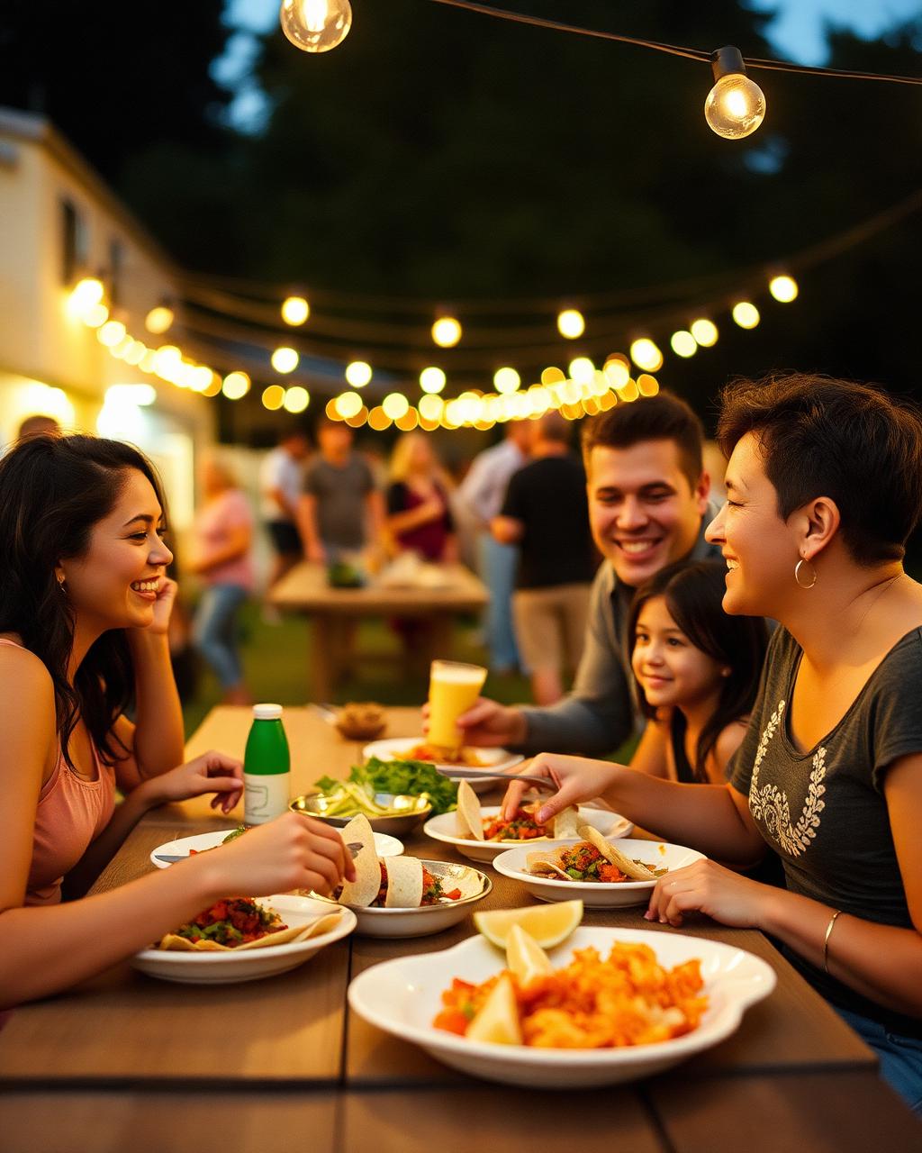 A family sharing a meal under string lights at the festival