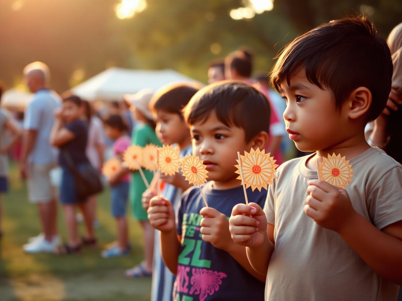 Children holding paper flowers at the festival