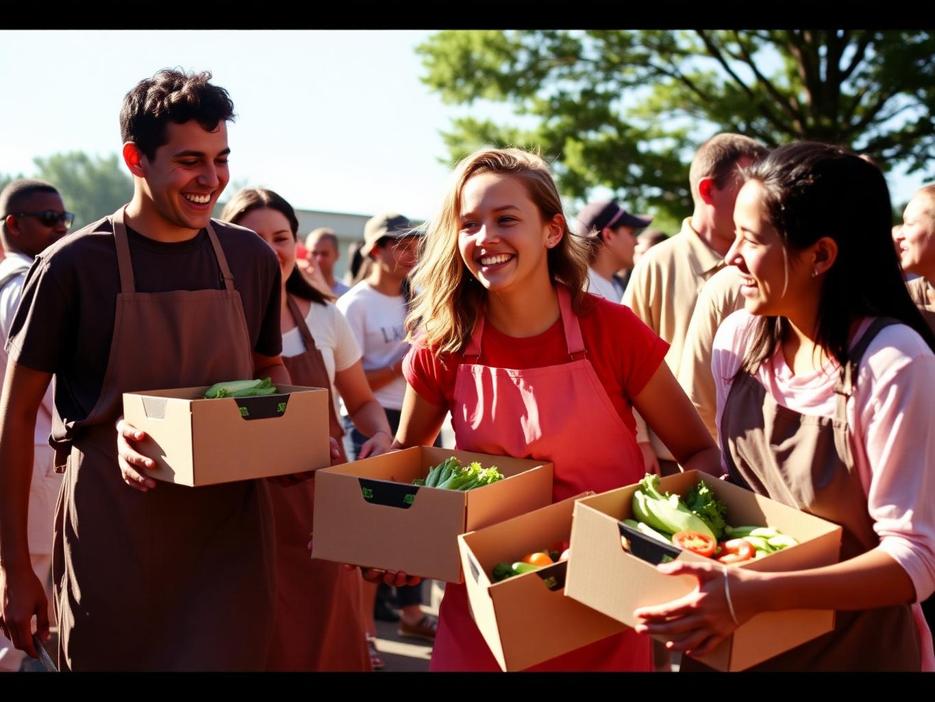 Teen volunteers carrying boxes together